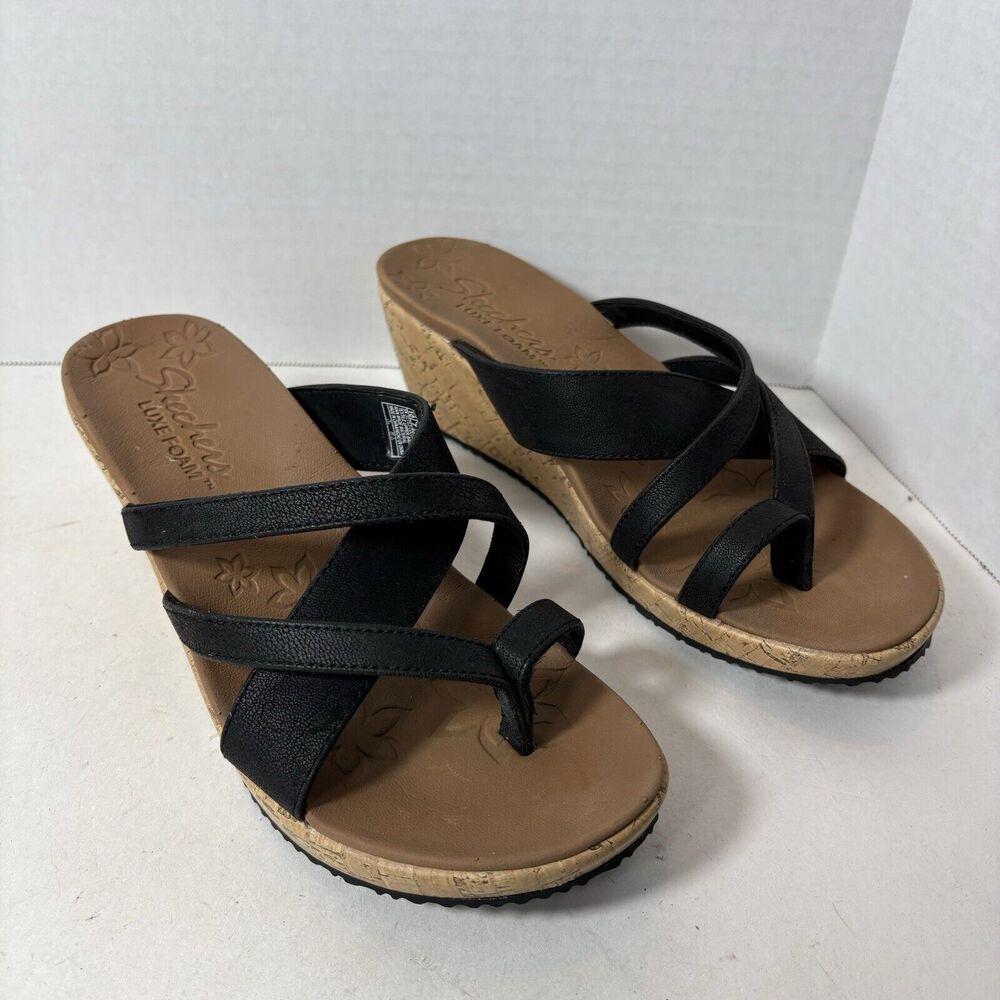 Skechers Sandals Womens Size 10 Strappy Platform Cork Wedge Black Luxe Foam A3